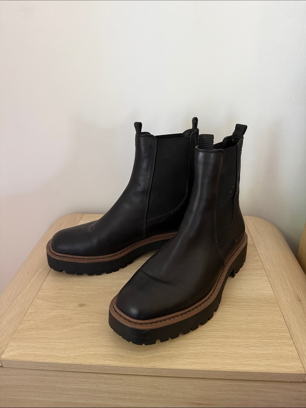 Sam Edelman Black Chelsea Lug Ankle Boots with Brown Welt